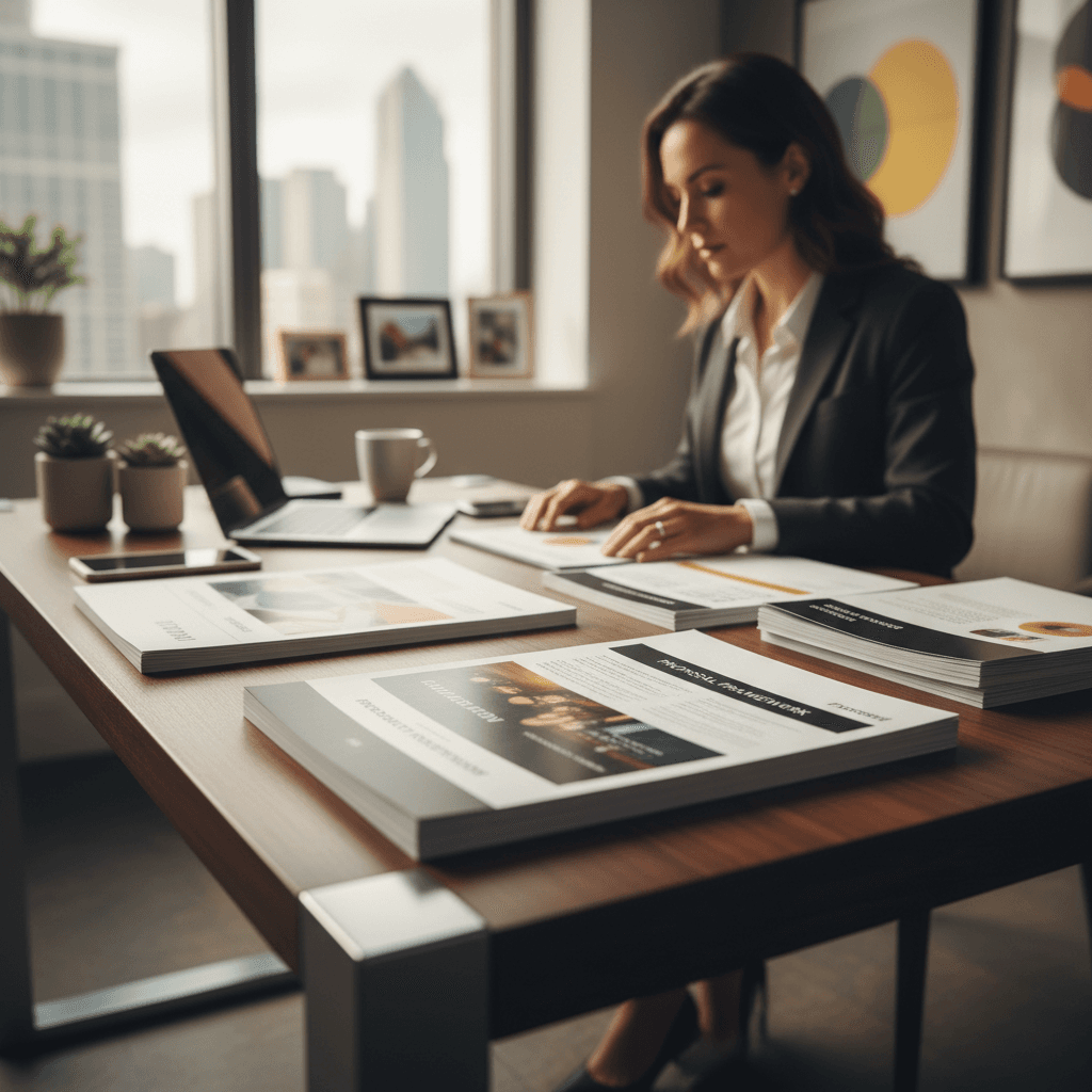Sales professional reviewing organized collateral and proposal templates