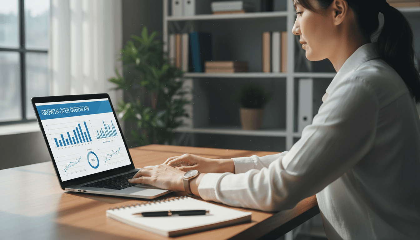 Small business owner reviewing growth analytics and lead generation data on laptop