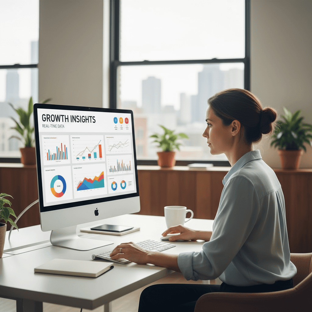 Business owner configuring AI analytics tool on desktop computer