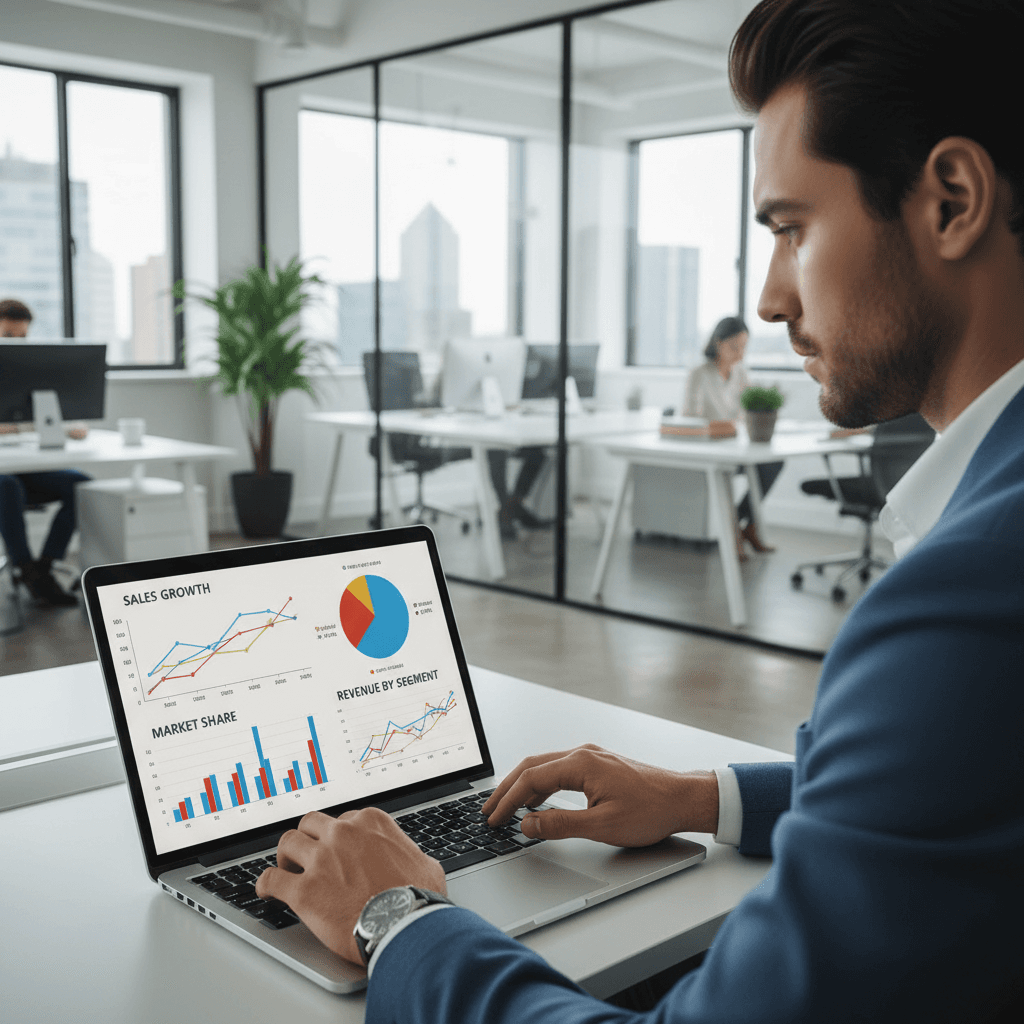 Business professional analyzing search intent data on laptop