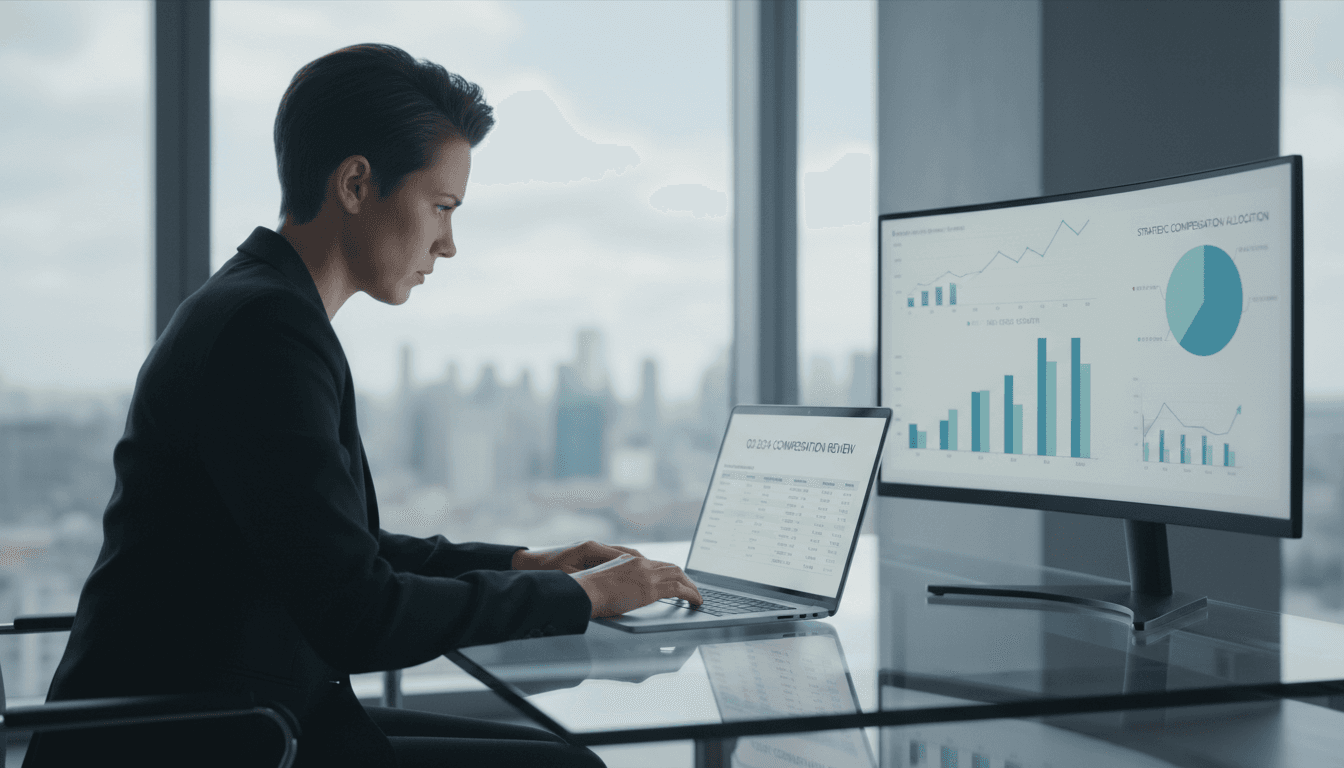 Sales manager reviewing compensation strategy data on laptop with revenue charts