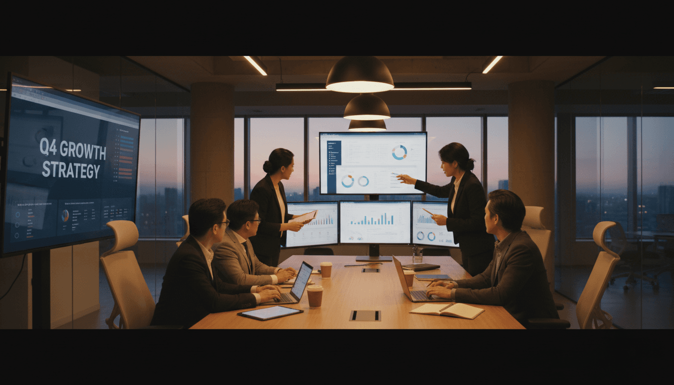 Professional business team analyzing data on multiple computer screens in a modern office environment
