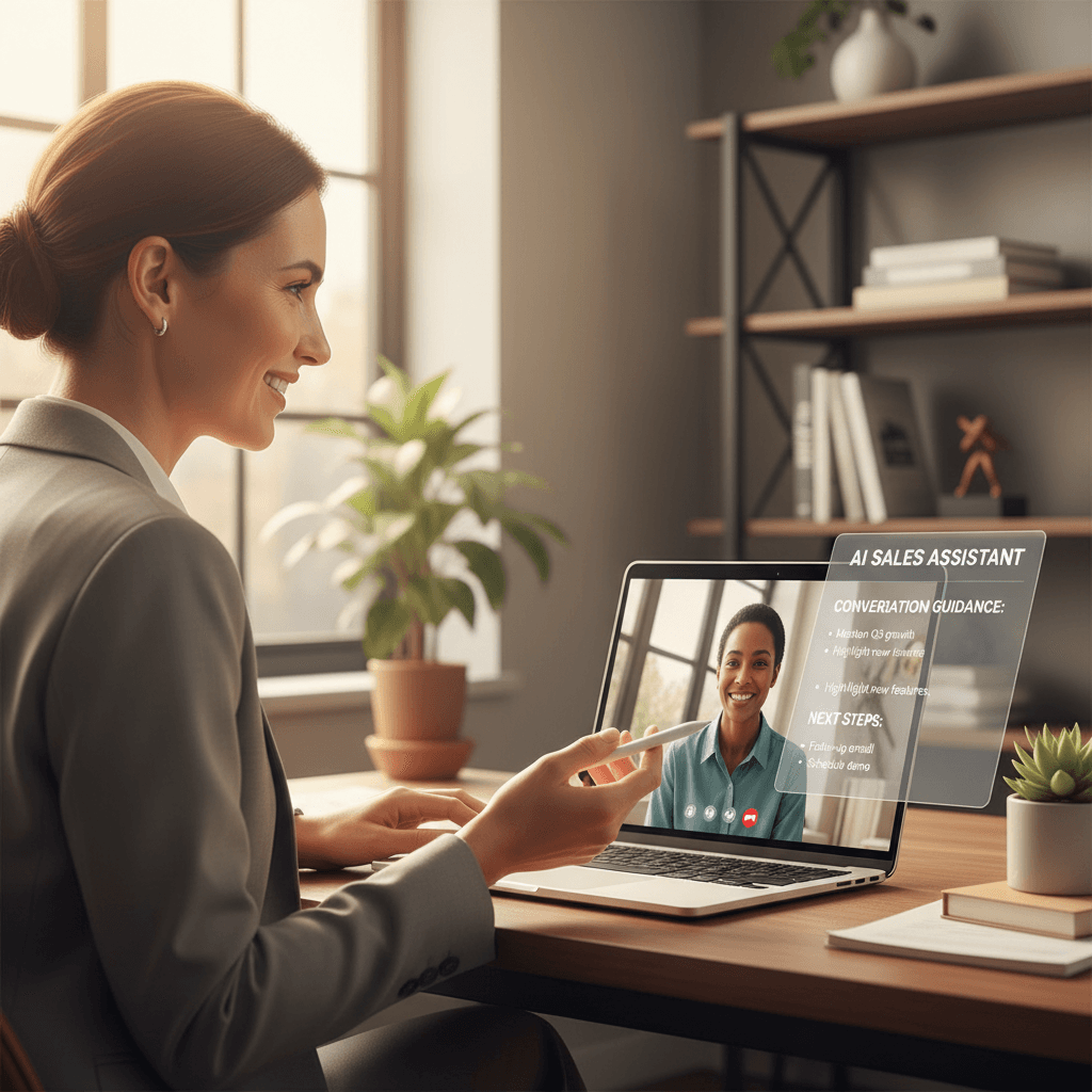 Sales rep receiving real-time AI guidance during customer video call