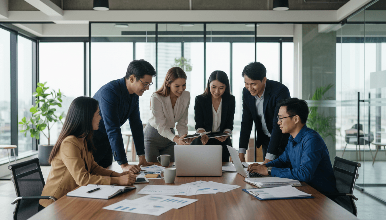 Professional business team collaborating in modern office environment