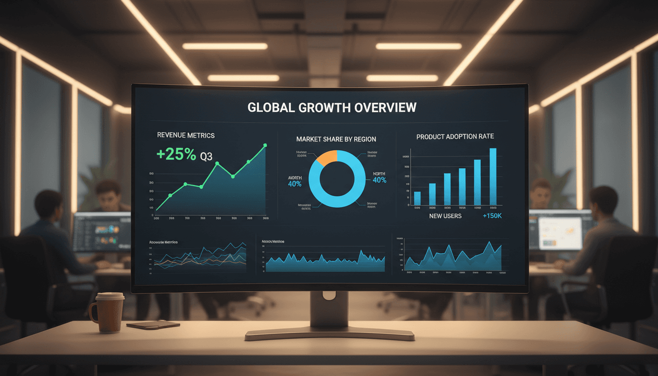 AI-powered analytics dashboard displaying revenue growth metrics and business intelligence