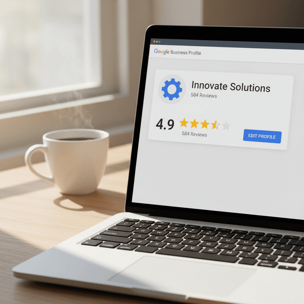 Google Business Profile dashboard with high star ratings displayed on a laptop screen