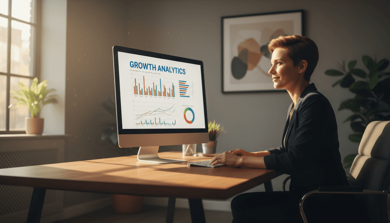 Business owner reviewing growth analytics at desk in Painesville office