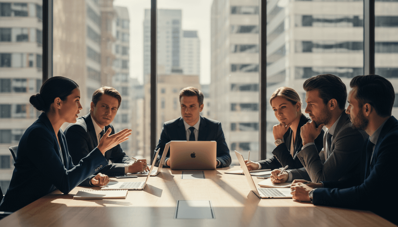 Sales team in active meeting discussion with engaged participants around modern conference table