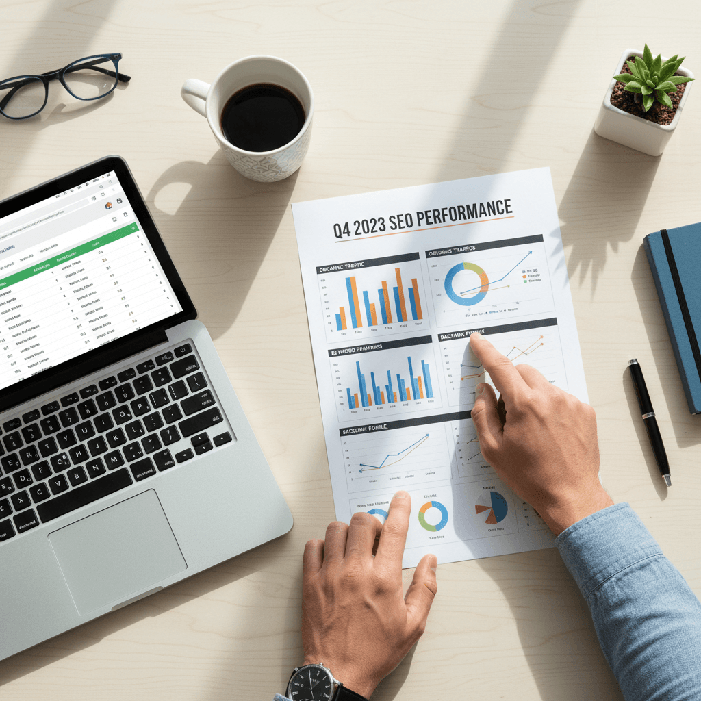 Small business owner reviewing SEO analytics report on a desk with laptop nearby