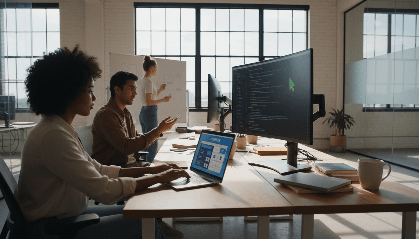 Development team collaborating on custom app project with code and design wireframes visible