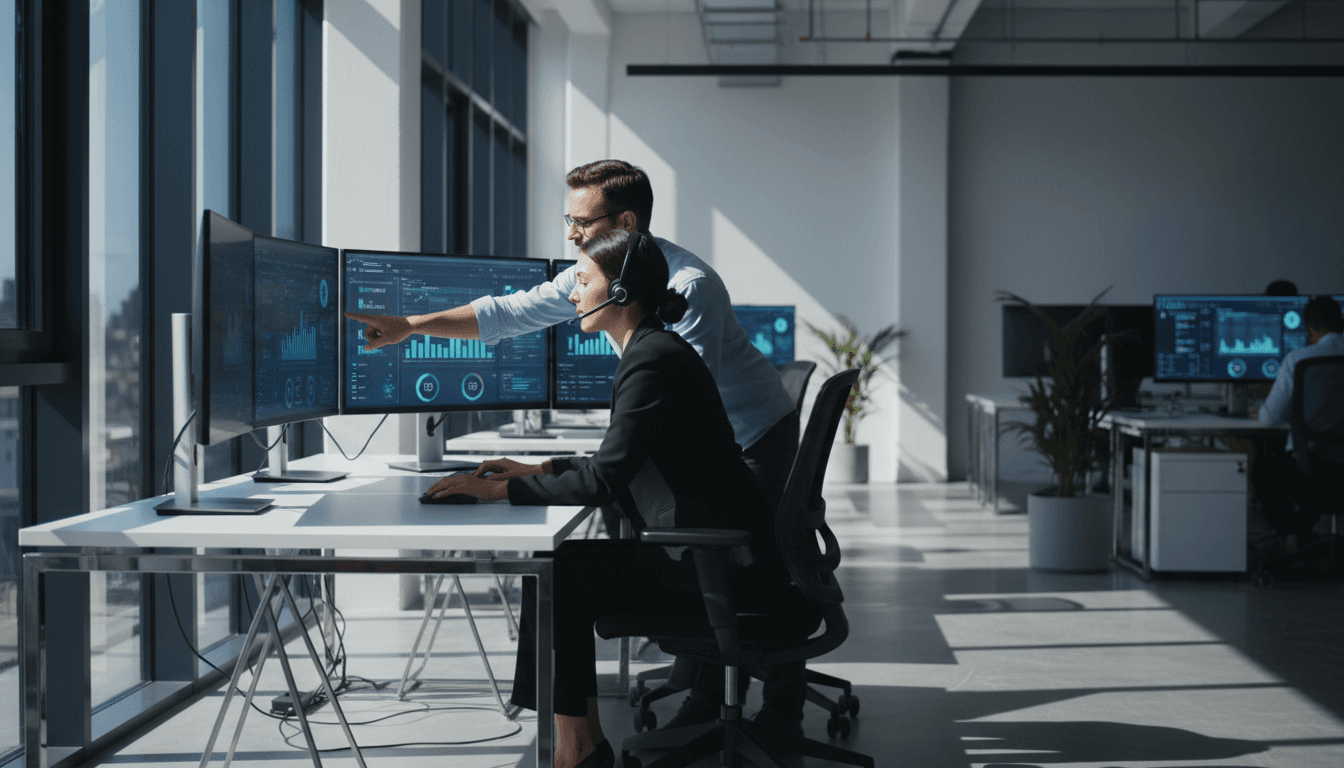 Modern sales team collaborating at workspace with AI dashboards and performance metrics on screens