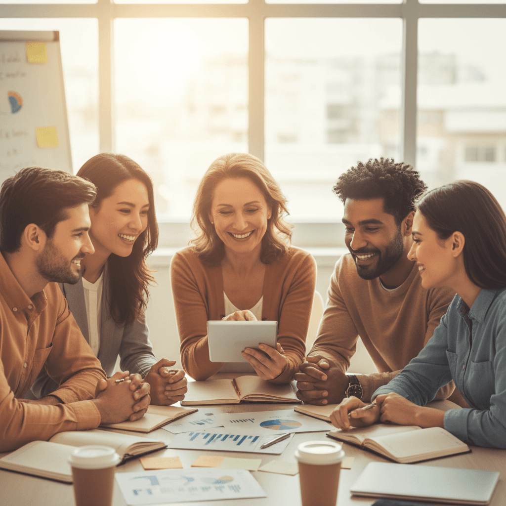 Sales team collaborating and celebrating results