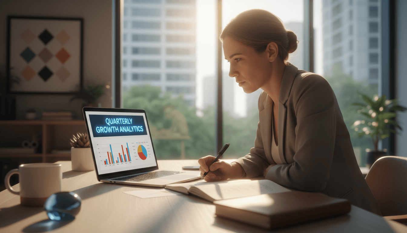 Small business owner reviewing growth analytics on laptop with natural window light