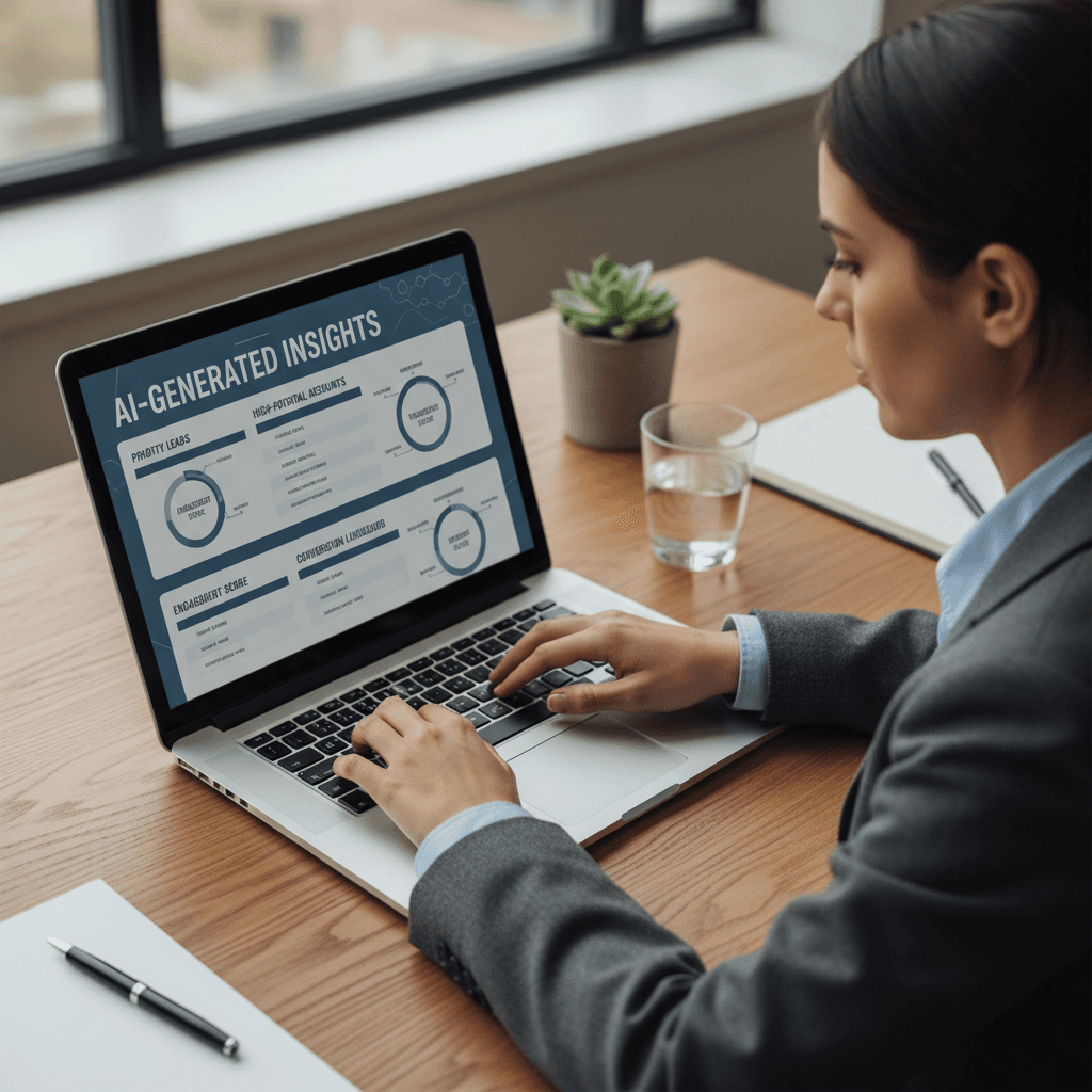 Sales professional reviewing AI prospect data and scoring on laptop