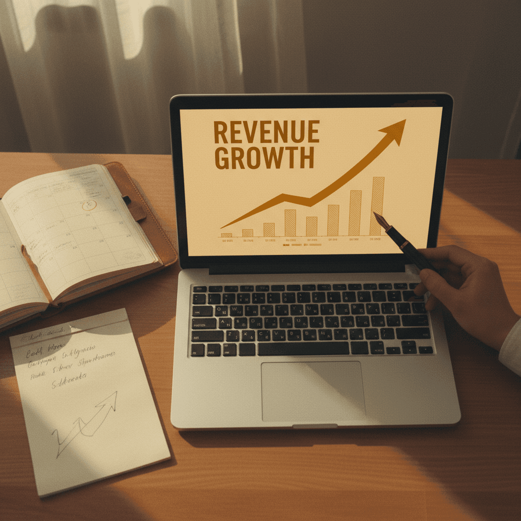 Laptop screen showing revenue growth analytics dashboard with upward trending charts