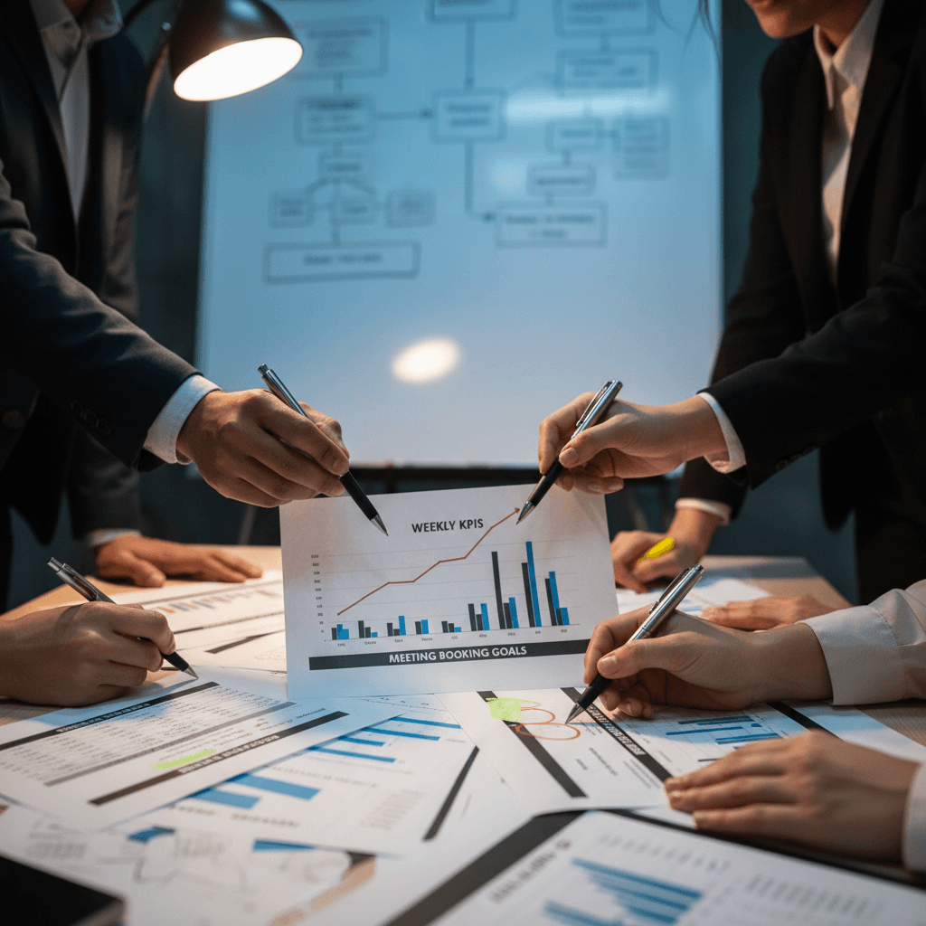 Sales team hands collaborating over performance metrics, KPI charts, and meeting booking goals during coaching session