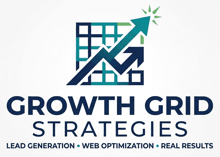 Growth Grid Strategies logo featuring a grid icon with an upward arrow and marketing services.